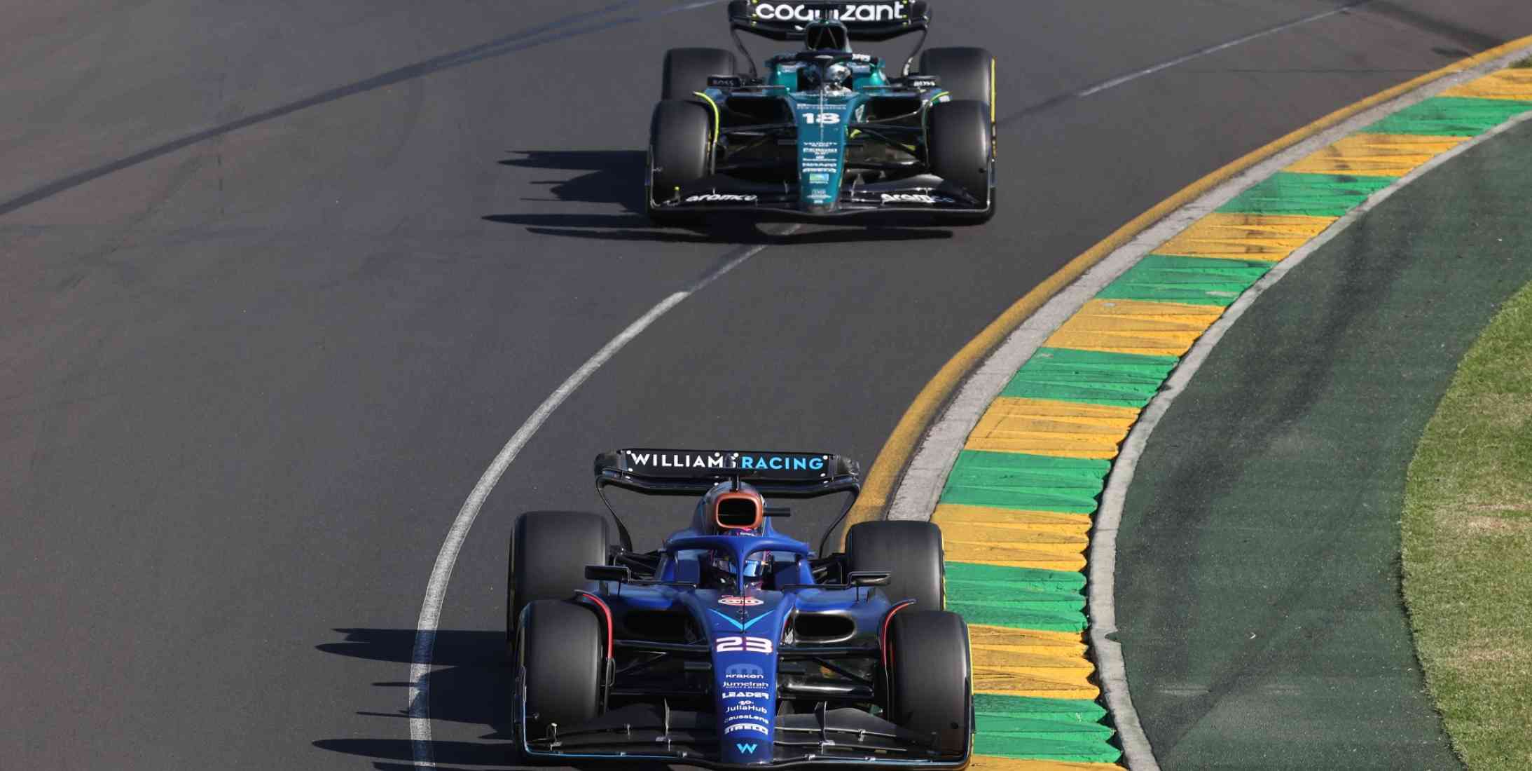 Williams F1 driver Alexander Albon from Thailand and Lance Stroll of Aston Martin F1 drive around the Albert Park Street Circuit in Melbourne Australia during the 2023 Australian Grand Prix